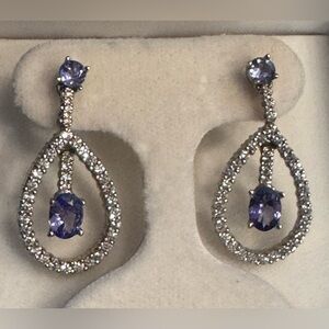 14K White Gold Tanzanite & Diamond Dangle Earrings 7.1mm Oval 8g Pair New w/Box
